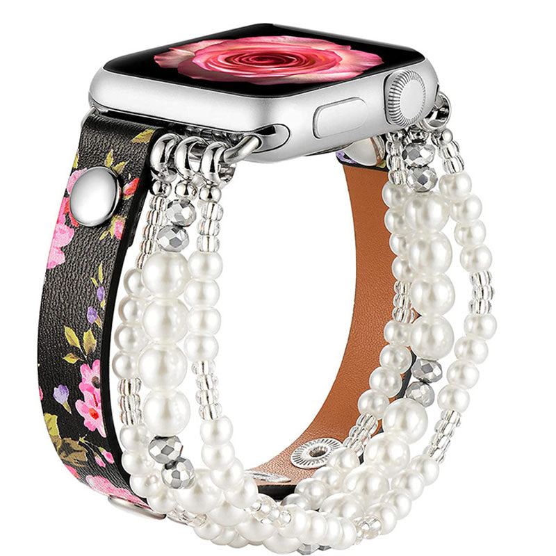 Elastic Leather Metal Beaded Decorative Watch Band for Apple Watch